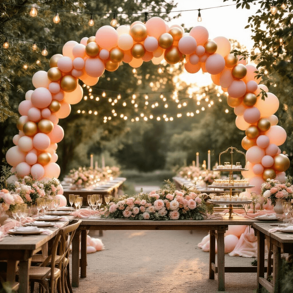 Balloon Decorations: The Ultimate Guide to Transforming Any Event from Ordinary to Extraordinary A golden hour outdoor garden party with a grand ombré pastel balloon arch in pink and peach, rustic wooden tables with blush silk linens and floral centerpieces, twinkling fairy lights overhead, and a vintage bar cart with champagne flutes and a tiered cake stand, all bathed in soft, warm lighting.
