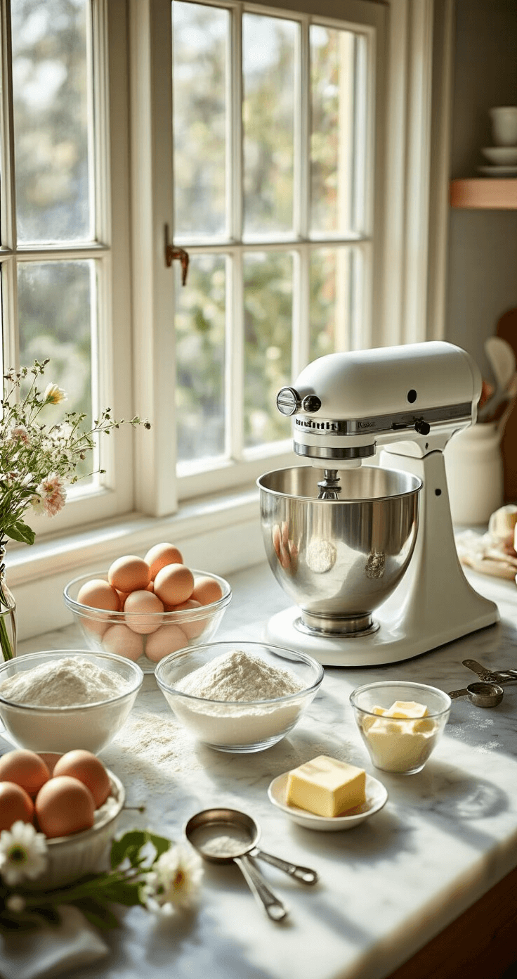 Ultimate Wedding Anniversary Cake: A Delectable Celebration of Love A sunlit kitchen with a marble countertop displaying carefully arranged ingredients for a wedding anniversary cake, including fresh eggs, sifted flour, vanilla extract, and softened butter, alongside a stand mixer and vintage measuring spoons, accented with fresh flowers.