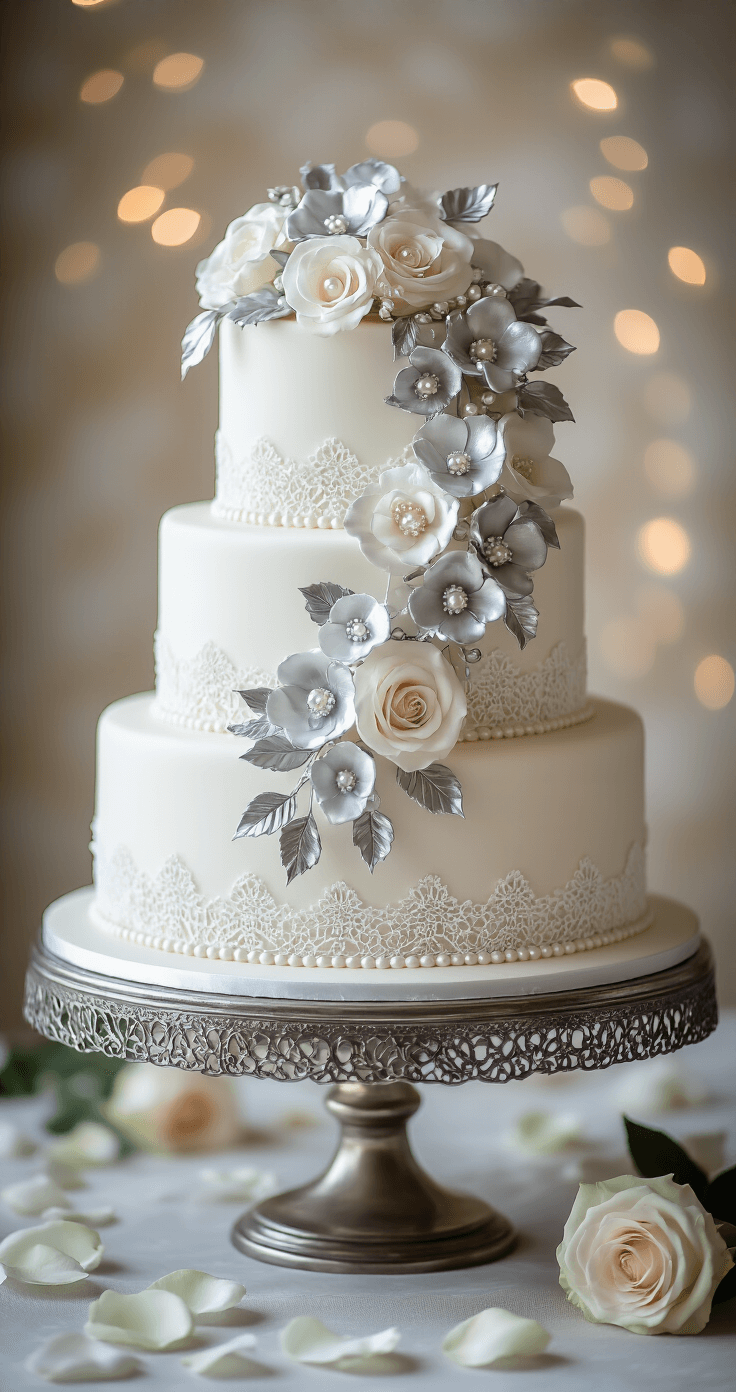 Ultimate Wedding Anniversary Cake: A Delectable Celebration of Love An elegantly decorated three-tier wedding anniversary cake on an antique silver stand, featuring white fondant, cascading sugar flowers, edible lace details, and surrounded by fresh roses and rose petals, all captured in soft, romantic lighting with a dreamy bokeh background.
