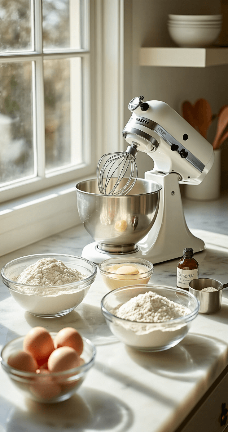 Ultimate Square Birthday Cake: Your Perfect Party Centerpiece A bright kitchen with a marble countertop displaying ingredients in glass bowls, a stand mixer, and flour dust illuminated by sunlight, creating a warm and inviting baking atmosphere.