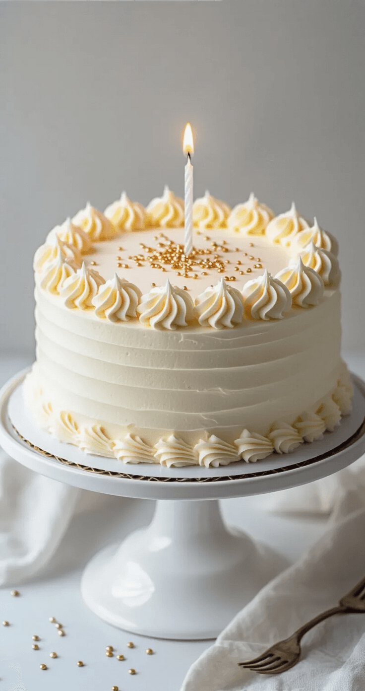 Ultimate Square Birthday Cake: Your Perfect Party Centerpiece A square birthday cake with smooth white buttercream frosting, adorned with delicate piped rosettes and metallic sprinkles, displayed on a minimalist white stand with a single candle, set against a soft-focus background.