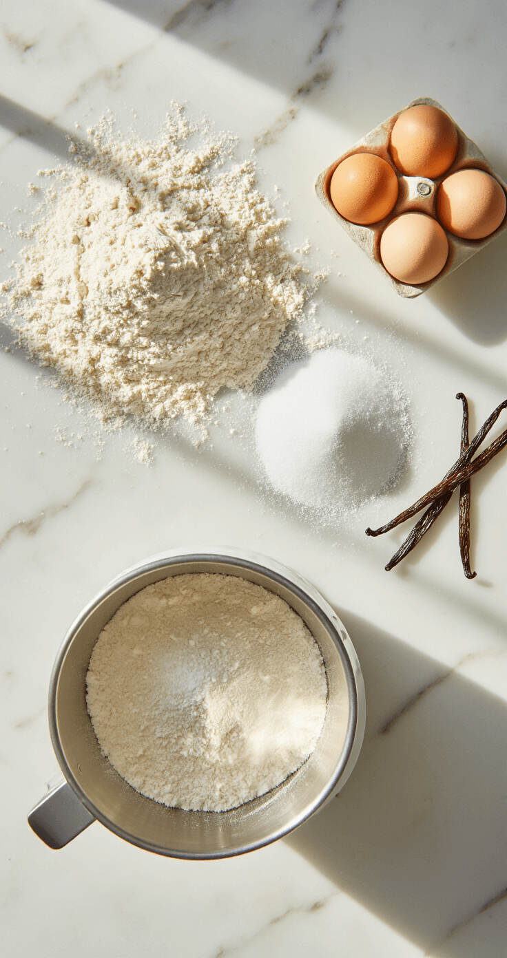 Wildflower Wedding Cake: A Botanical Masterpiece Overhead shot of a marble countertop featuring neatly arranged baking ingredients: sifted cake flour, room temperature eggs, crystalline sugar, vanilla pods, and a stand mixer, illuminated by soft natural light.