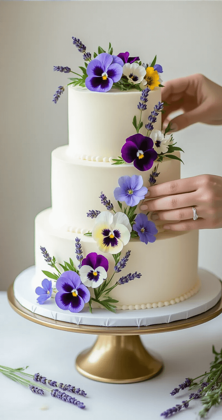 Wildflower Wedding Cake: A Botanical Masterpiece Close-up of hands adding vibrant edible wildflowers to a three-tiered white wedding cake on a gold cake stand, with soft-focus background and natural light enhancing the frosting texture and flower details.