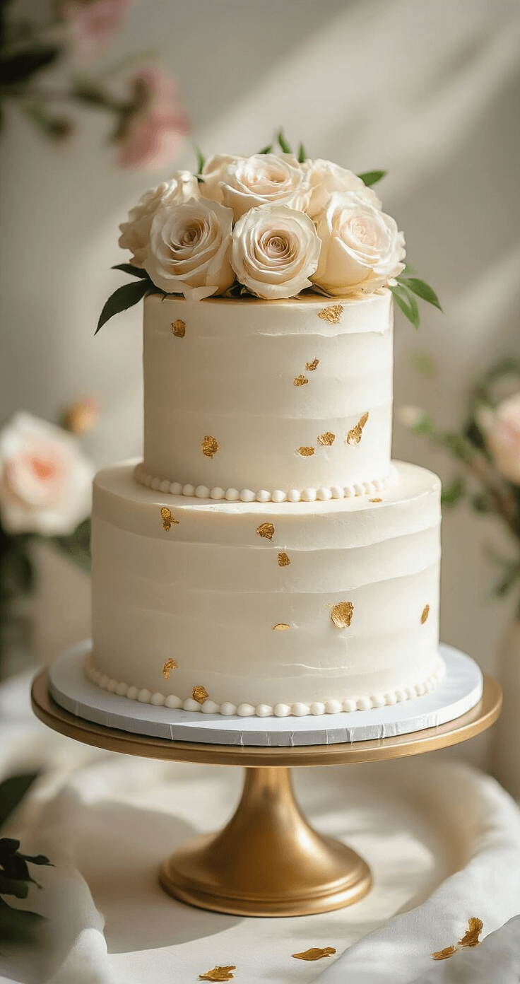 Small Wedding Cake: The Ultimate Guide to an Intimate Celebration Dessert Elegant two-tier white wedding cake on a gold stand, decorated with fresh roses and gold leaf, set against a soft floral backdrop in warm afternoon light.