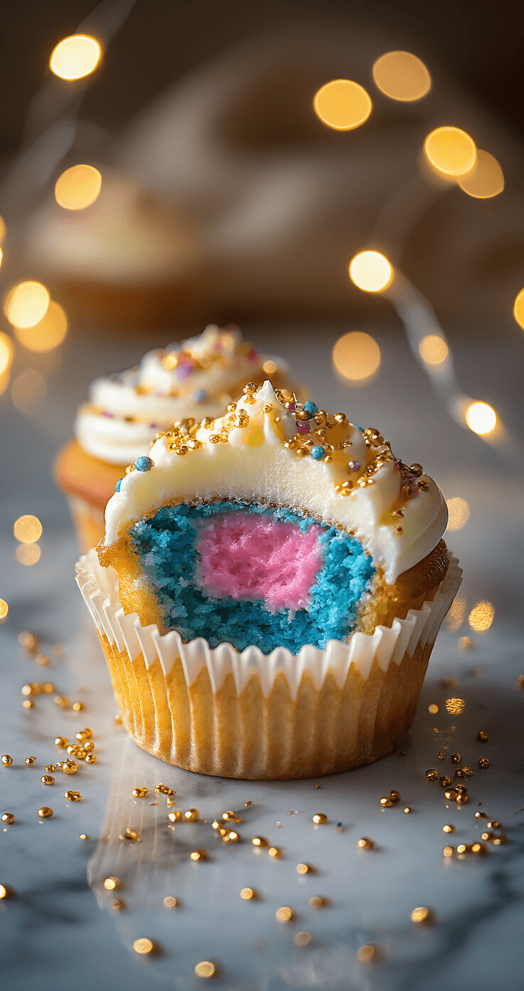 Gender Reveal Cupcakes: The Ultimate Surprise Dessert Guide Dramatic overhead shot of a beautifully decorated cupcake split open, revealing vibrant blue filling spilling out against a marble backdrop, illuminated by golden afternoon light, with metallic sprinkles scattered artistically and soft bokeh from string lights in the background.