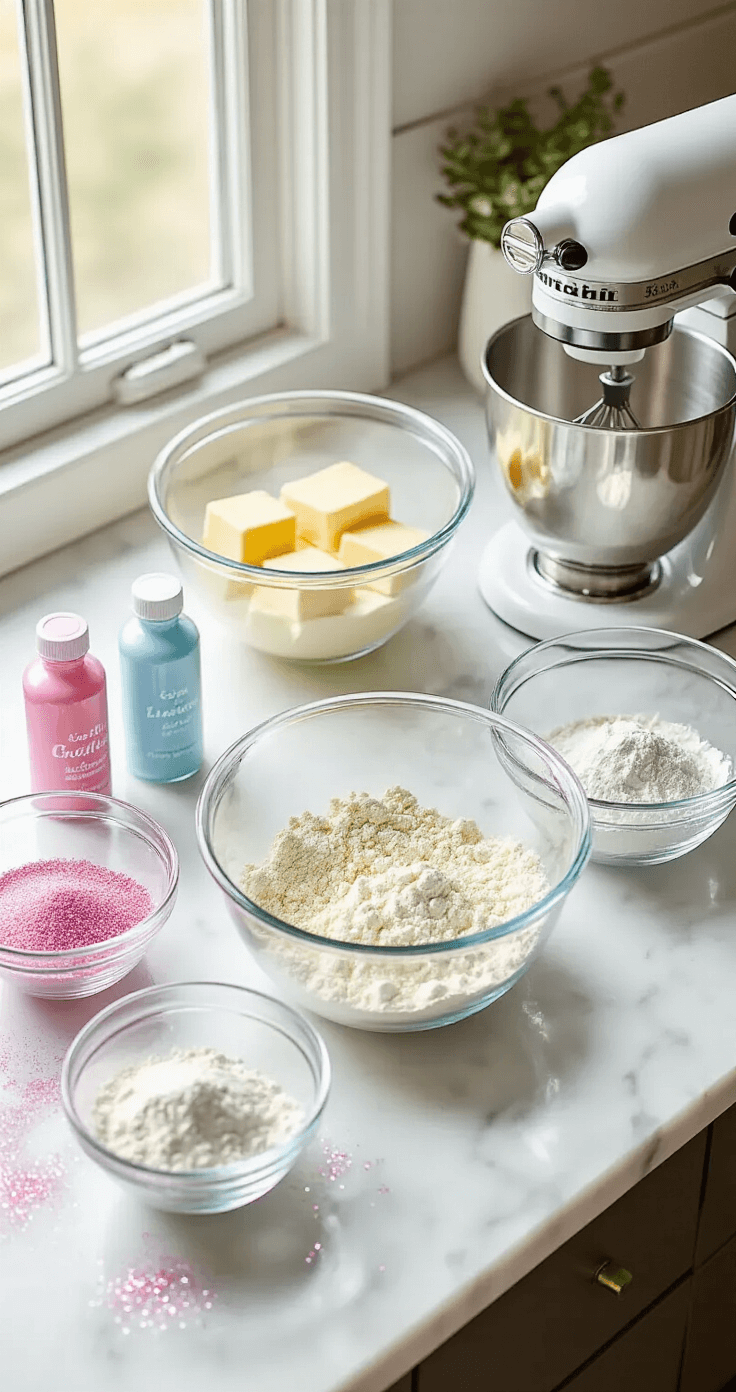 Gender Reveal Cookies: The Ultimate Surprise-Inside Treat An overhead view of a marble countertop with glass mixing bowls filled with sugar, butter, and flour, alongside pink and blue gel food coloring, a stand mixer, and scattered edible glitter in soft natural light, creating a festive atmosphere for a gender reveal.