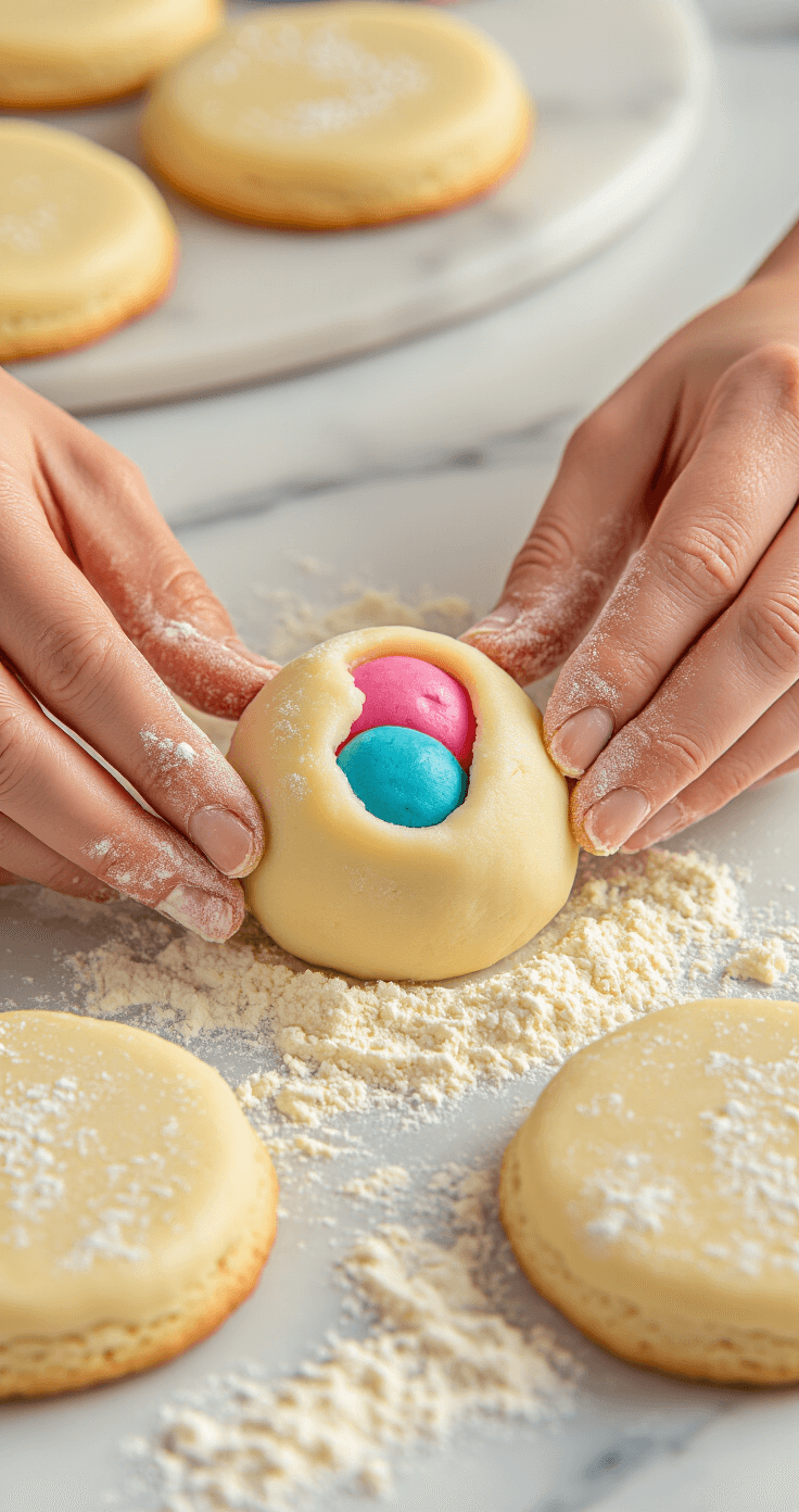 Gender Reveal Cookies: The Ultimate Surprise-Inside Treat Close-up of hands wrapping white cookie dough around a vibrant pink or blue center, showcasing smooth texture and flecks of flour, with a marble pastry board and completed cookies in the background.