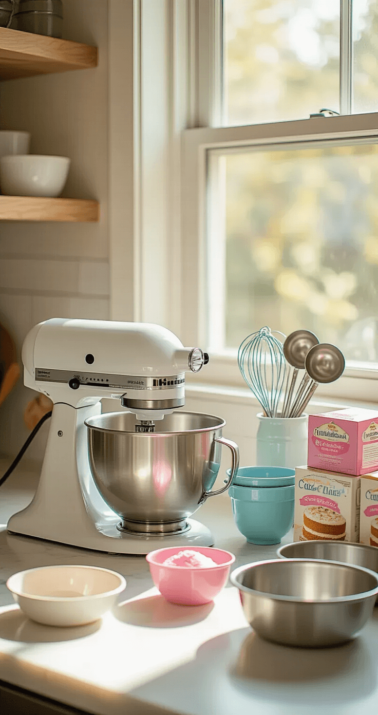 Gender Reveal Cake: The Ultimate Guide to Creating a Sweet Surprise A sunny kitchen counter adorned with baking essentials including an electric mixer, measuring cups, and cake pans, illuminated by natural light, showcasing organized food colorings and cake mix boxes.