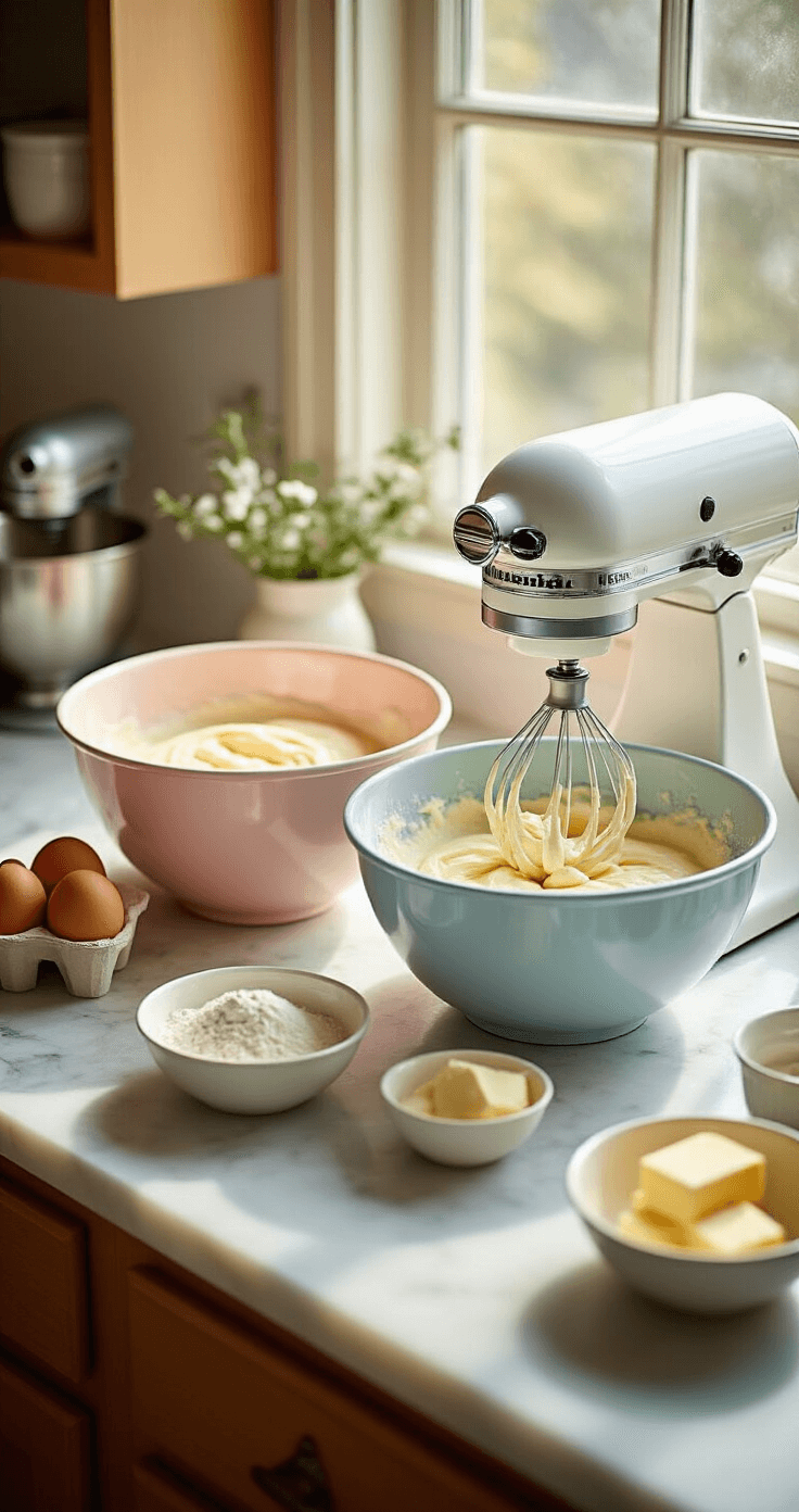 Ultimate Gender Reveal Cake: Surprise Inside Celebration Dessert A bright professional kitchen with two white mixing bowls of pink and blue cake batter on a marble countertop, surrounded by measured ingredients and a stand mixer dusted with flour.