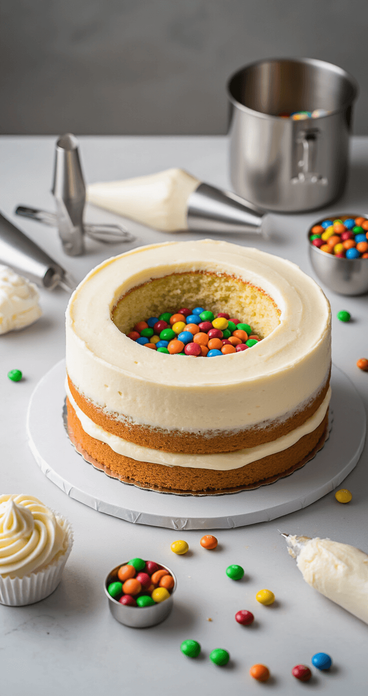 Ultimate Gender Reveal Cake: Surprise Inside Celebration Dessert A close-up of a partially assembled gender reveal cake, featuring a circular cavity filled with colorful M&Ms, surrounded by leveled white buttercream layers and stainless steel baking tools in soft studio lighting.