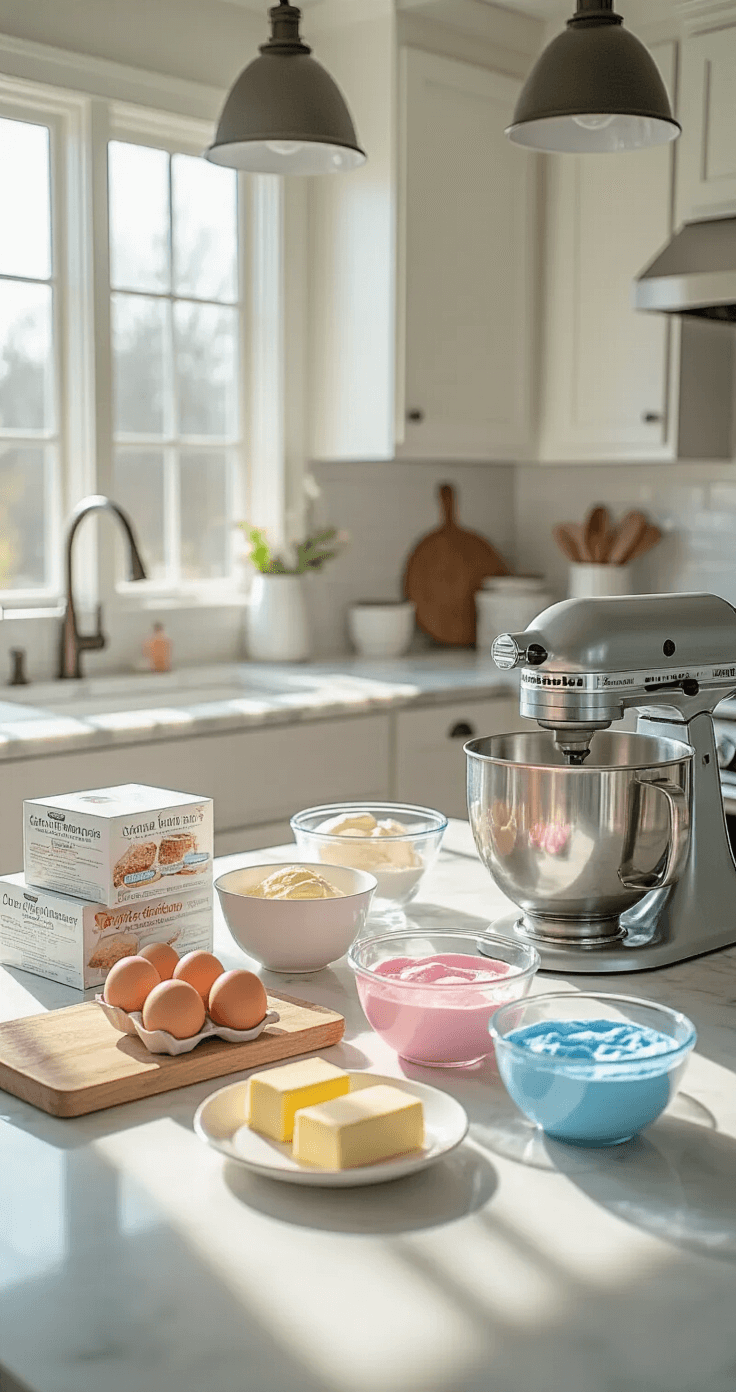 Simple Gender Reveal Cake: The Ultimate DIY Guide A modern kitchen with marble countertops displaying baking ingredients for a gender reveal, including eggs, butter, cake mixes, measuring tools, and pink and blue food coloring, with a KitchenAid mixer ready for use.