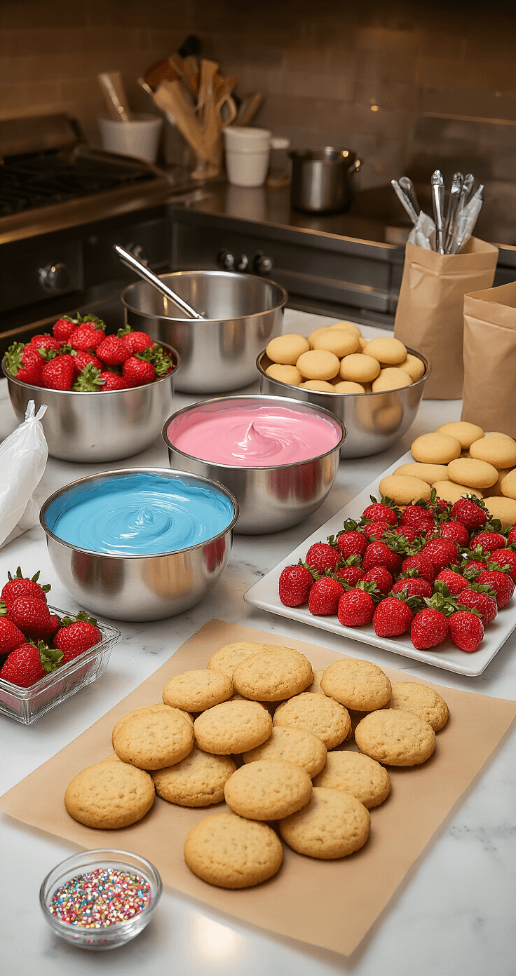 Gender Reveal Snack Ideas: The Ultimate Party Spread A well-lit professional kitchen setup with stainless steel bowls of melted pink and blue chocolate, fresh strawberries, golden pretzel rods, and sugar cookies on a marble countertop, accompanied by piping bags and decorative sprinkles.