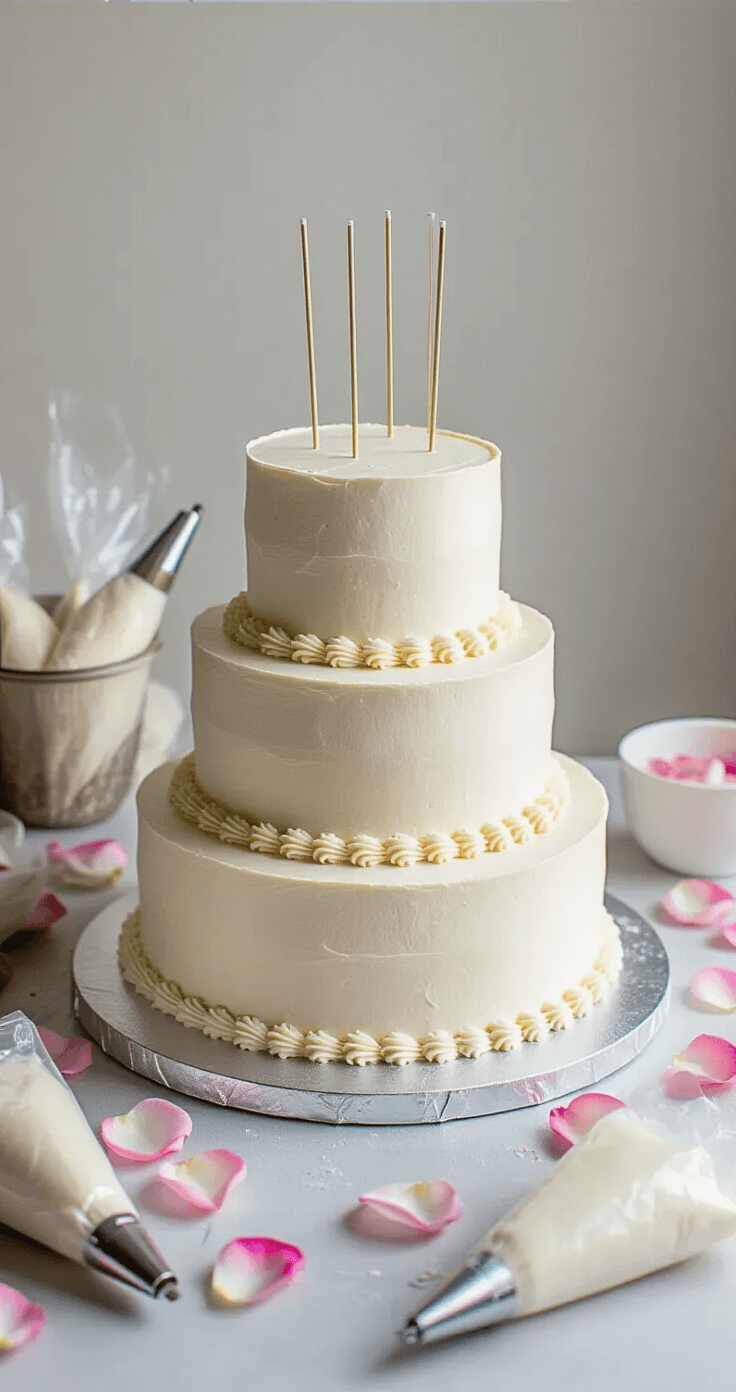 Two-Tier Wedding Cake: The Ultimate DIY Guide A two-tier wedding cake assembly in progress, featuring a pearl-white frosted 8-inch bottom tier on a silver board, with dowel supports being inserted, surrounded by piping bags, a cake turntable, and rose petals, all under soft studio lighting.