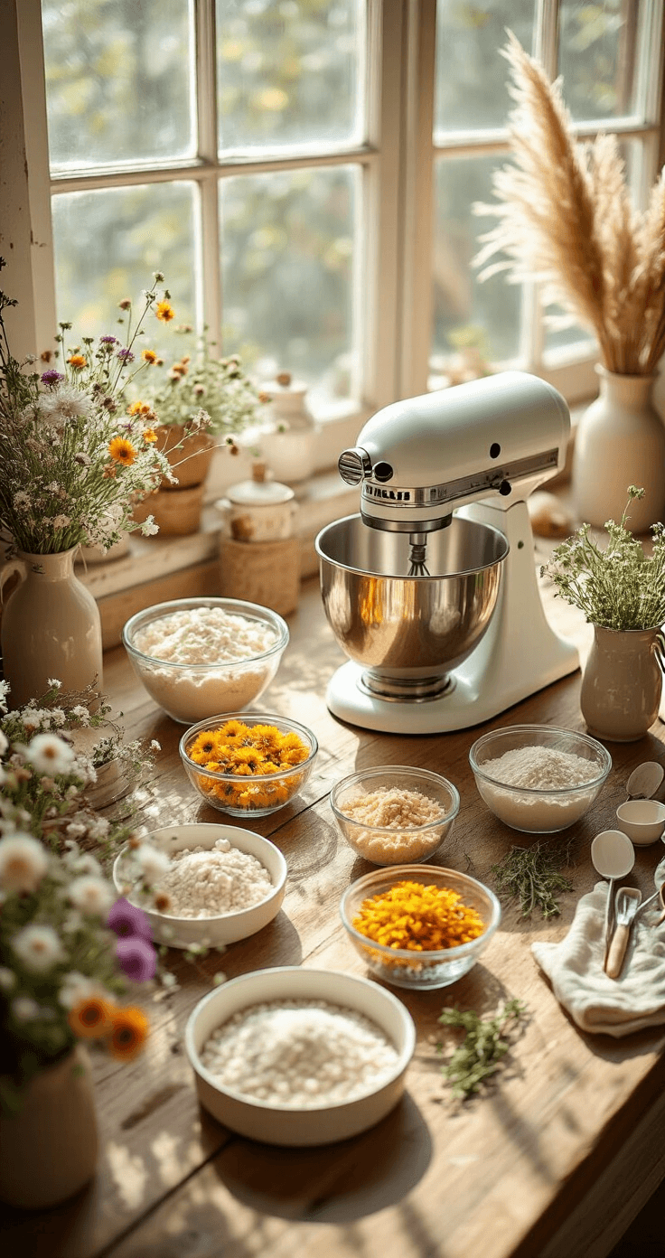 Boho Wedding Cake: A Rustic Botanical Masterpiece Overhead view of a sunlit rustic wooden table adorned with delicate edible flowers, dried pampas grass, and fresh herbs, featuring a stand mixer, pre-measured ingredients in glass bowls, and vintage baking tools, illuminated by natural light.