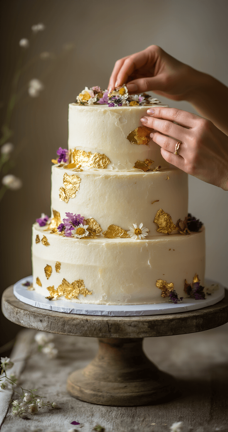 Boho Wedding Cake: A Rustic Botanical Masterpiece Close-up of hands adding dried flower petals and gold leaf to a three-tiered white buttercream cake on a wooden stand, with warm golden hour lighting.