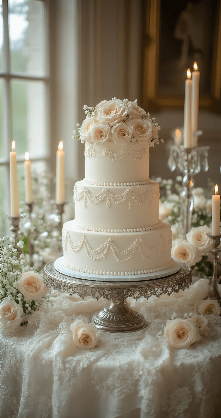 The Ultimate Guide to Creating a Stunning Wedding Cake Table Close-up of an ornate vintage wedding cake table with a 3-tier white cake on an antique silver stand, surrounded by glowing ivory candles and adorned with blush roses and baby's breath, creating a romantic atmosphere.