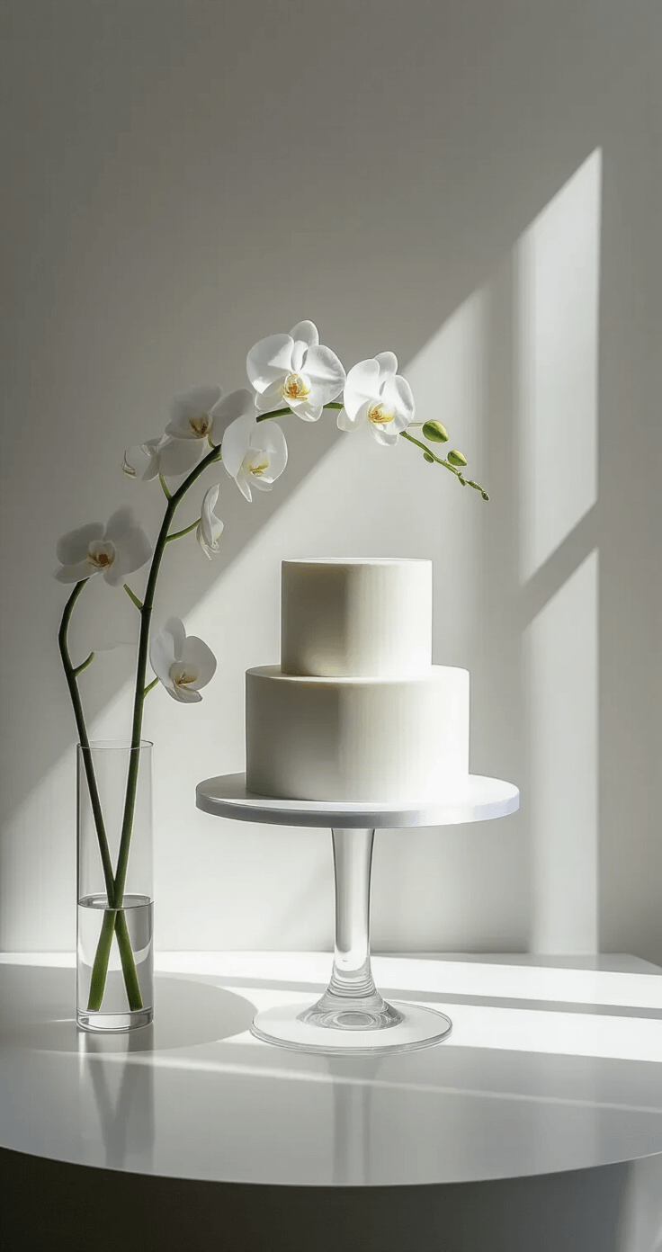 The Ultimate Guide to Creating a Stunning Wedding Cake Table Wide-angle view of a contemporary geometric white wedding cake on a clear acrylic pedestal, set against a white backdrop with dramatic uplighting and a single white orchid in a slim glass vase.