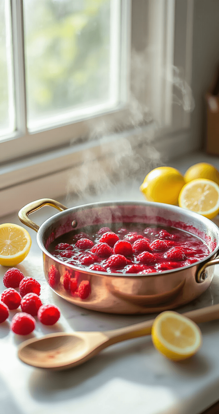 Elegant Almond Wedding Cake with Raspberry Filling: A Luxurious Celebration Dessert Close-up of vibrant red raspberry filling simmering in a copper saucepan with steam rising, highlighted by natural sunlight. A wooden spoon rests against the pan, and fresh raspberries and lemon halves are scattered on a marble countertop nearby.