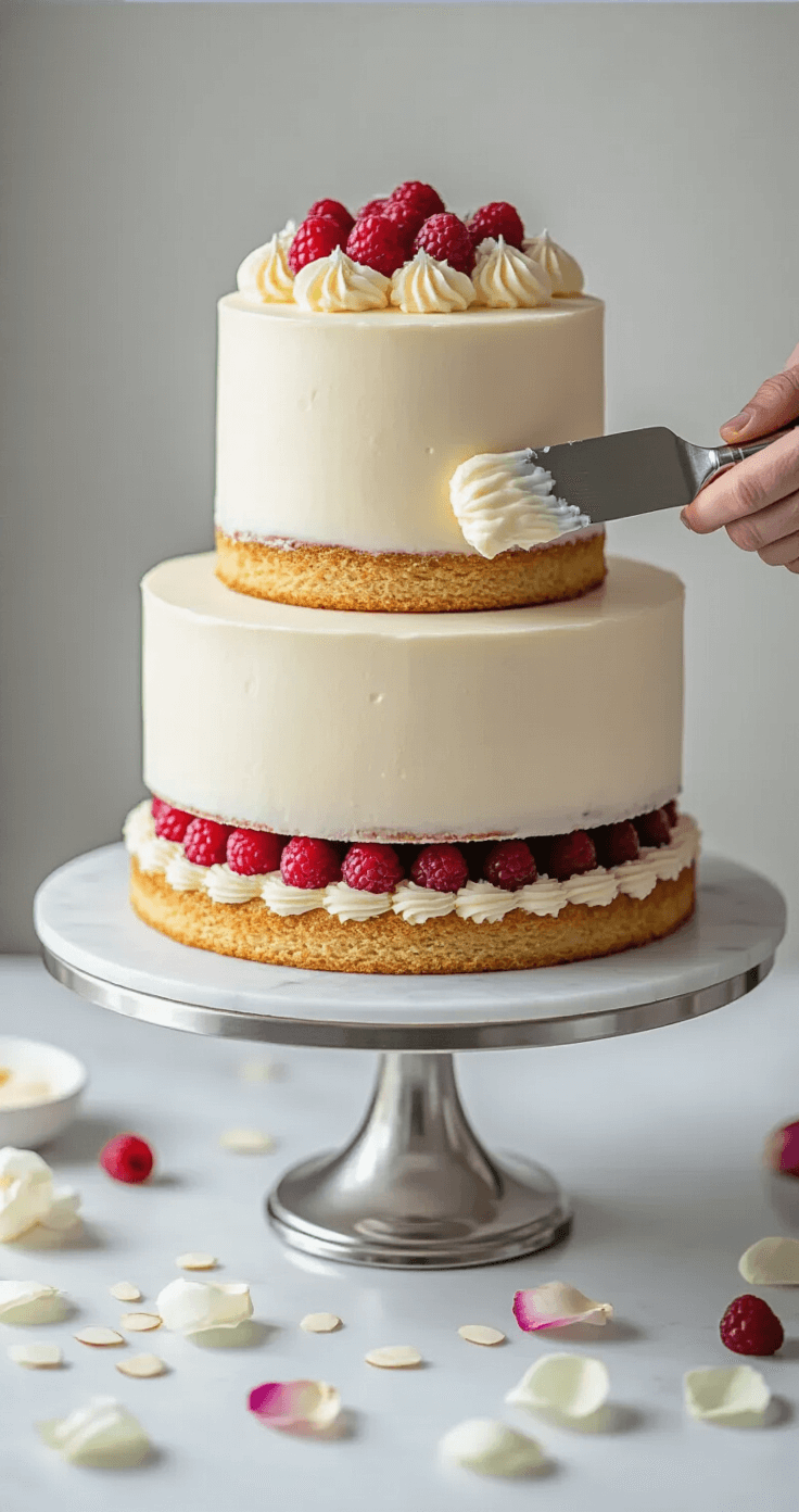Elegant Almond Wedding Cake with Raspberry Filling: A Luxurious Celebration Dessert Overhead view of a three-tiered almond wedding cake being assembled on a marble surface, featuring creamy white buttercream and raspberry filling, with scattered rose petals and crystallized almonds.