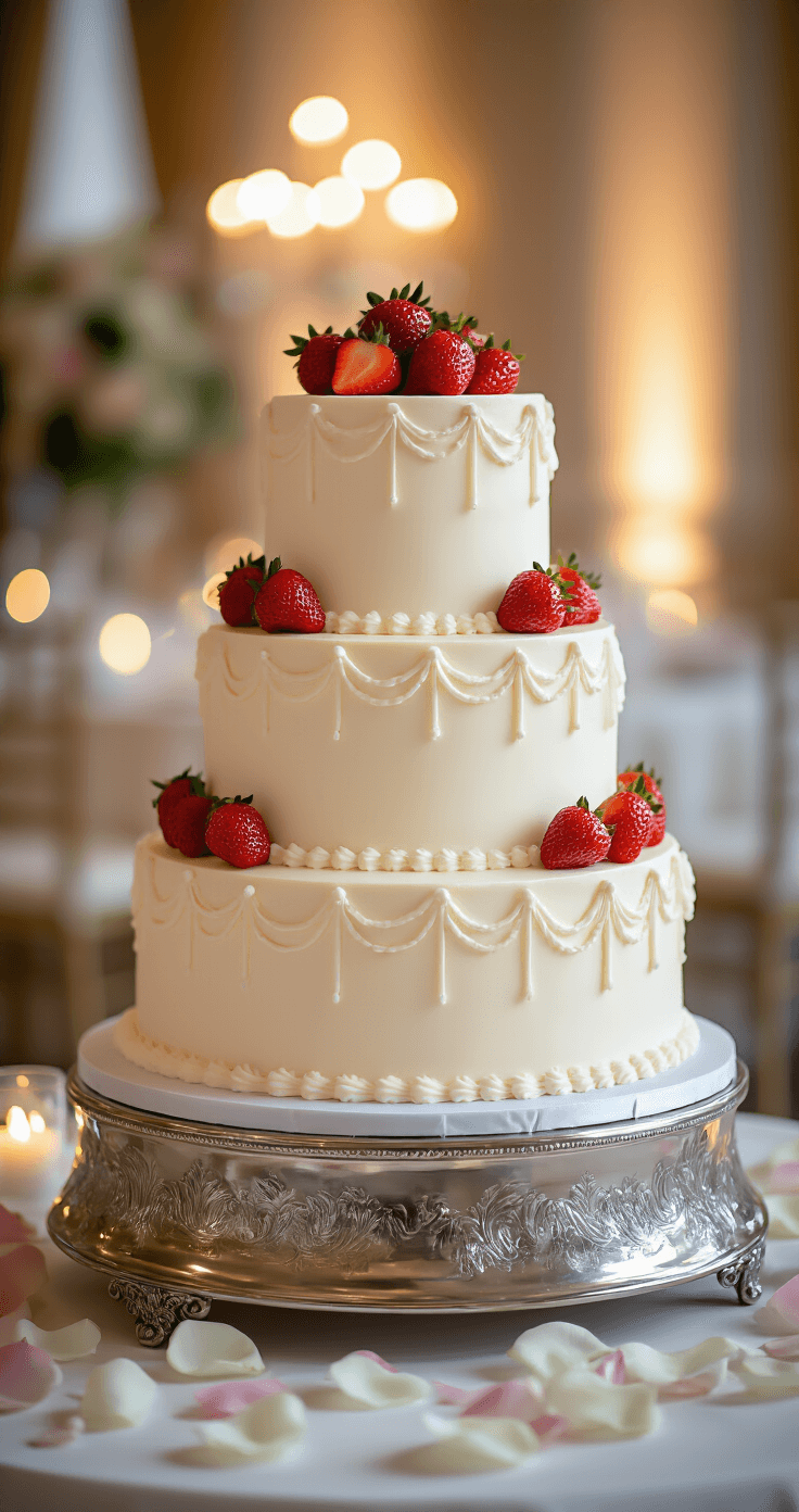 White Chocolate and Strawberry Wedding Cake: A Luxurious Celebration Dessert A stunning three-tiered white chocolate wedding cake on a silver stand, adorned with strawberry slices and white chocolate curls, set against a softly lit ballroom backdrop with rose petals and crystal elements.