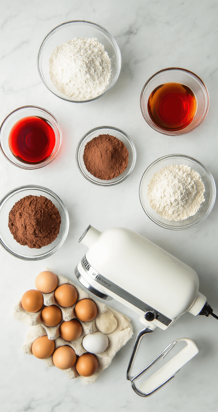 Ultimate Red Velvet Wedding Cake: The Perfect Showstopper Dessert Cinematic overhead shot of a marble countertop with a vintage stand mixer, glass bowls of vibrant red food coloring, flour, cocoa powder, and eggs, illuminated by natural light.