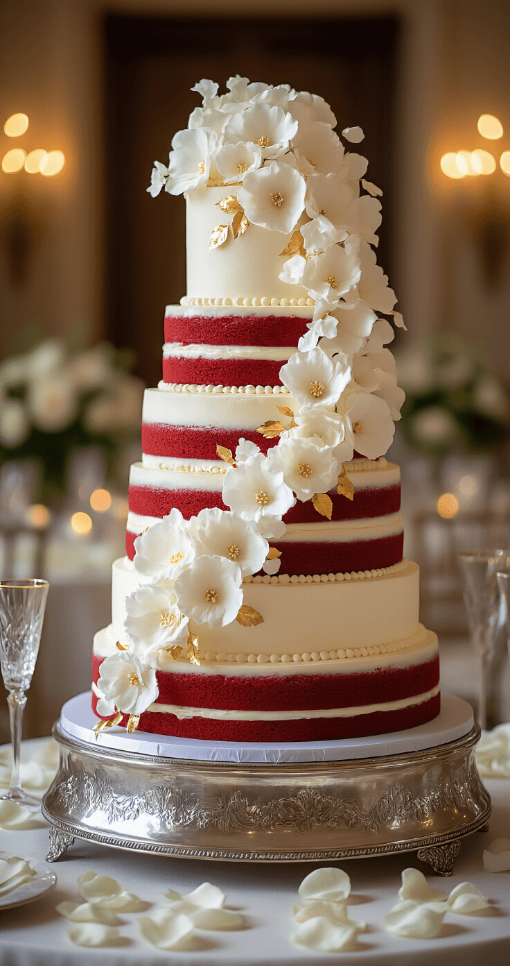 Ultimate Red Velvet Wedding Cake: The Perfect Showstopper Dessert A towering three-tier red velvet wedding cake with white cream cheese frosting, adorned with edible white flowers and gold leaf accents, displayed on a silver cake stand in a beautifully blurred elegant venue, surrounded by crystal champagne glasses and rose petals.