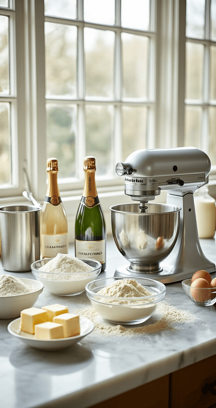 Champagne Wedding Cake with Strawberry Buttercream: A Luxurious Celebration Dessert Close-up of a professional kitchen countertop featuring champagne bottles, cake flour, and egg whites in crystal bowls, with a stand mixer and softening butter, all illuminated by soft natural light, evoking luxury and precision.
