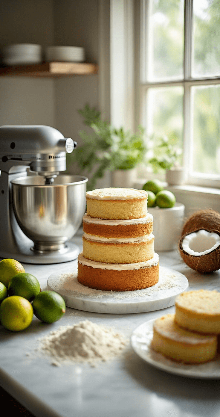 Tropical Elegance: Coconut Wedding Cake with Zesty Lime Filling A sunlit kitchen with a marble countertop, where pristine cake layers are being stacked. A silver stand mixer dusted with flour is in the background, alongside fresh limes and coconuts. Soft natural light enhances the texture of the golden cake layers.