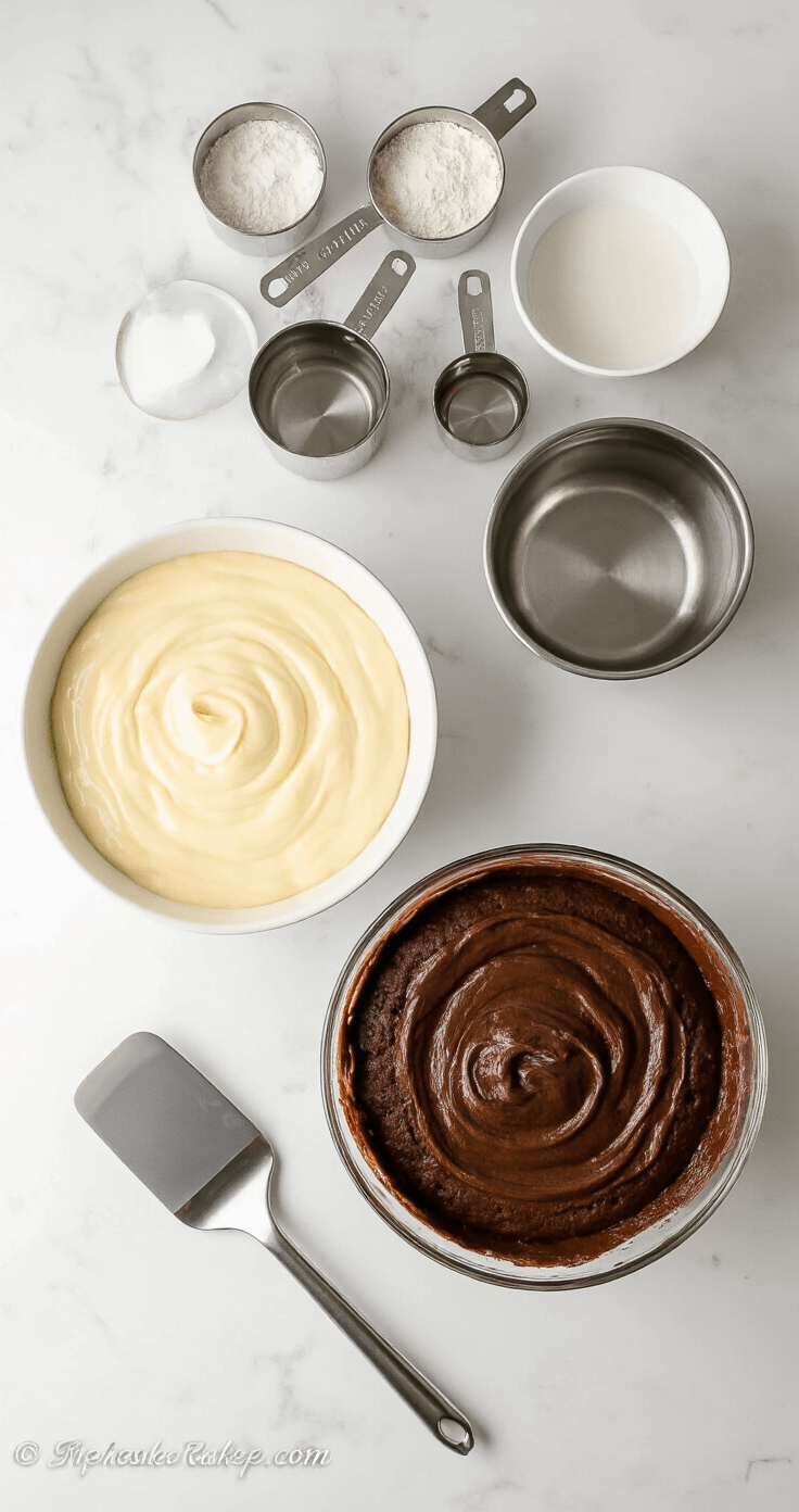 Marble Wedding Cake with Vanilla and Chocolate Layers Overhead view of a marble cake preparation scene with vanilla and chocolate batter in bowls on a marble countertop, featuring a silver spatula and natural light.