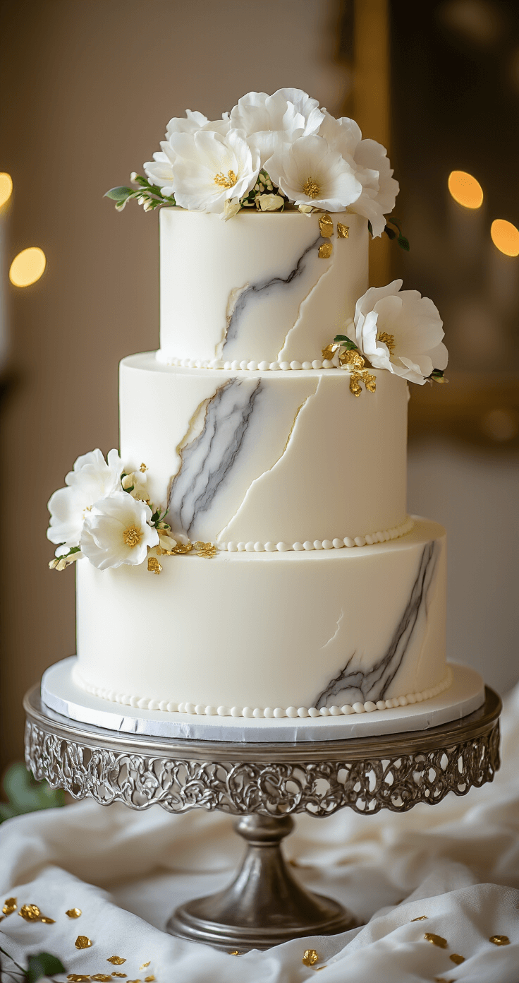 Marble Wedding Cake with Vanilla and Chocolate Layers Elegant four-tier marble wedding cake on a silver stand, featuring white buttercream frosting, marble pattern cutouts, gold leaf accents, and fresh white flowers, set against a softly lit background.