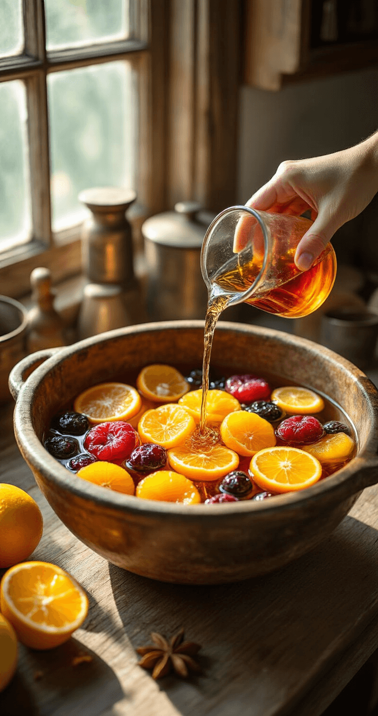 Classic Fruit Wedding Cake: A Timeless Celebration Masterpiece A rustic kitchen scene featuring a weathered wooden bowl filled with jewel-toned dried fruits soaking in amber brandy, surrounded by citrus zests, vintage measuring cups, and aromatic spices, all illuminated by warm sunlight.