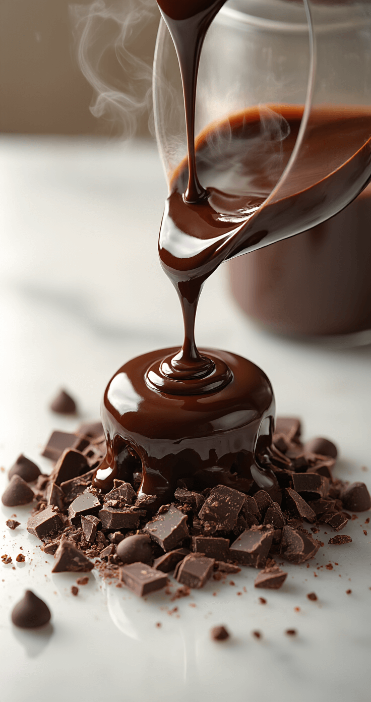 Triple Chocolate Ganache Wedding Cake: The Ultimate Decadent Celebration Dessert Close-up of glossy dark chocolate ganache pouring over chopped premium chocolate with warm lighting, steam rising in the background, and sparkling droplets on a marble countertop.