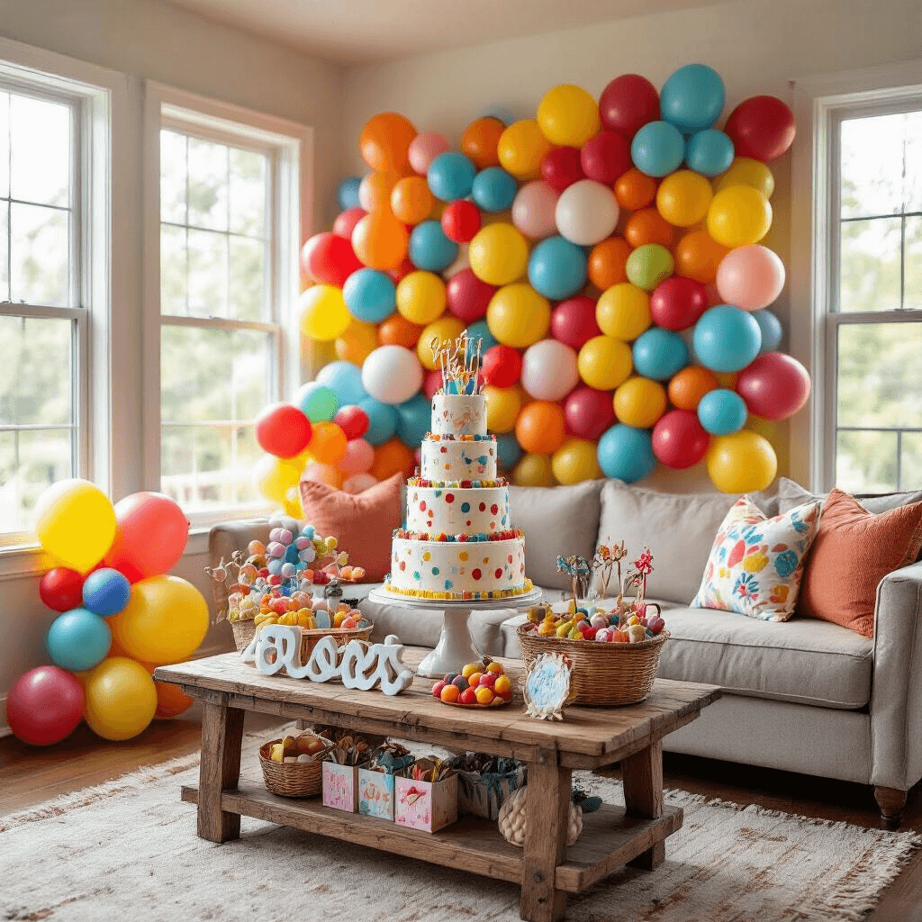 Balloons: The Ultimate Event Decor Guide - From DIY to Luxury Styling A vibrant children's birthday living room with a balloon mosaic backdrop, a tiered cake on a rustic wood stand, and a gift table adorned with a balloon arch and personalized party favors.