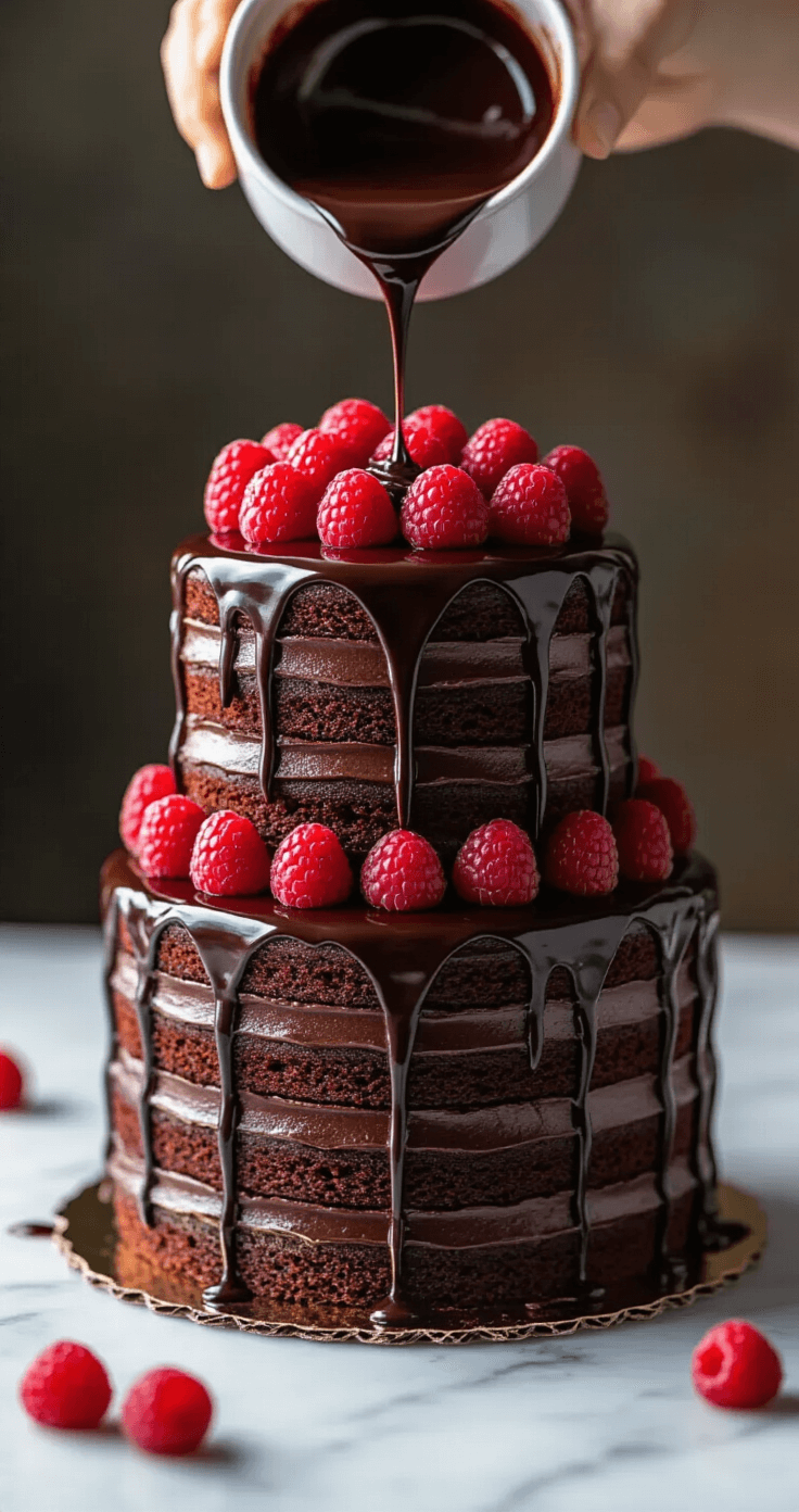 Dark Chocolate Raspberry Wedding Cake: A Decadent Celebration Dessert Close-up of a three-tiered chocolate cake being assembled, with glossy dark chocolate ganache pouring over the top and vibrant red raspberries between layers, set on a marble countertop with soft lighting.