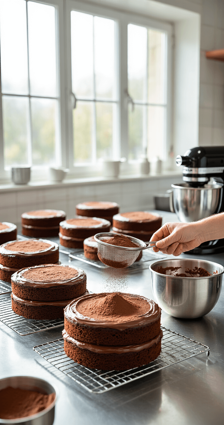 Black Forest Wedding Cake: The Ultimate German Dessert Masterpiece A professional kitchen filled with natural light, featuring cooling layers of chocolate sponge cake on wire racks, while a chef delicately sifts cocoa powder over a stainless steel workspace surrounded by mixing bowls and a stand mixer.