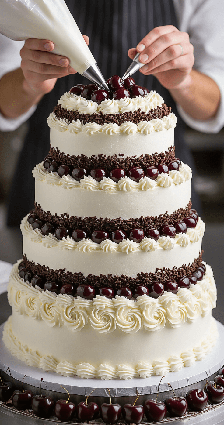 Black Forest Wedding Cake: The Ultimate German Dessert Masterpiece A close-up of a three-tiered Black Forest wedding cake being assembled, with dark cherries and whipped cream, as a baker decorates the edge with rosettes using a piping bag, and silver cake dowels are partially visible.