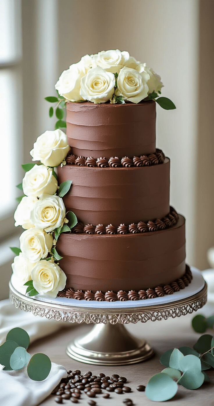 Decadent Chocolate Espresso Wedding Cake Elegant three-tiered chocolate espresso wedding cake on a silver stand, decorated with chocolate curls, gold leaf, and fresh white roses, on a vintage dessert table with coffee beans and eucalyptus leaves.