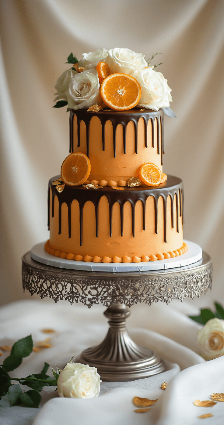 Decadent Chocolate Orange Wedding Cake: A Luxurious Celebration Centerpiece Three-tiered chocolate orange wedding cake with dark chocolate ganache drips, orange buttercream layers, candied orange slices, edible gold leaf, and fresh white garden roses on a silver cake stand, set against a romantic backdrop with dramatic side lighting.