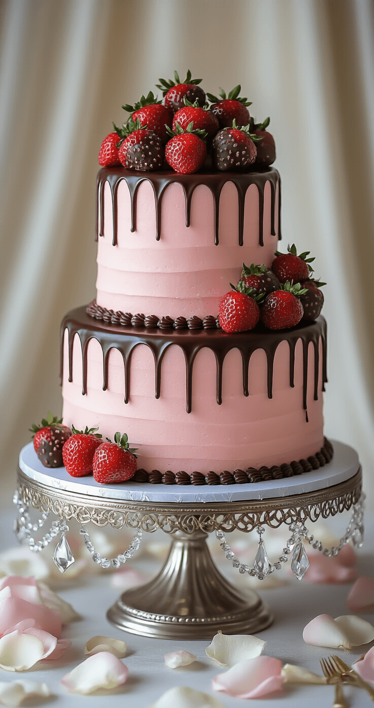 Decadent Chocolate-Covered Strawberry Wedding Cake: A Luxurious Celebration Dessert A luxurious three-tiered chocolate wedding cake on a silver stand, featuring dark chocolate ganache on pink strawberry buttercream, topped with chocolate-dipped strawberries, surrounded by rose petals and gold leaf accents under dramatic lighting.