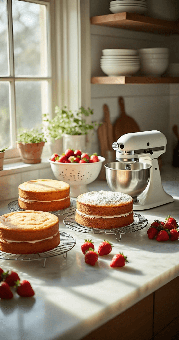 Strawberry Shortcake Wedding Cake: The Ultimate Elegant Dessert A sunlit kitchen with a marble countertop features three golden cake layers cooling on wire racks, a flour-dusted KitchenAid mixer, and fresh strawberries in a vintage colander, all illuminated by natural light.