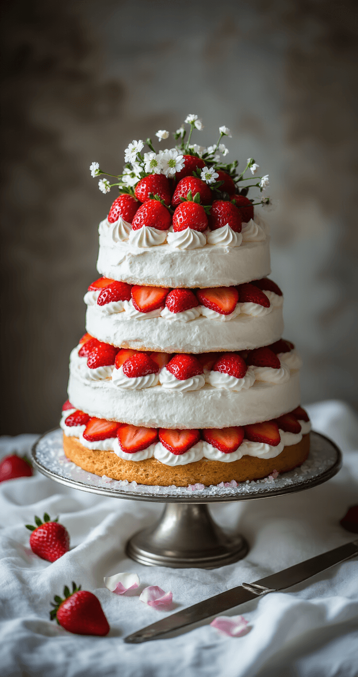 Strawberry Shortcake Wedding Cake: The Ultimate Elegant Dessert An elegant three-tiered strawberry shortcake on a silver cake stand, adorned with whipped cream, strawberry slices, fresh strawberries, white flowers, rose petals, and crystallized sugar, with a vintage cake knife on white linen.