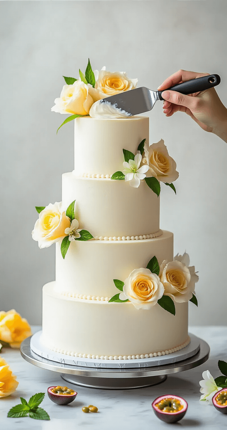 Mango Passionfruit Wedding Cake: A Tropical Celebration of Flavor A professional bakery setting featuring a three-tiered white wedding cake being assembled on a silver rotating stand, with creamy frosting applied using an offset spatula, surrounded by mango roses and tropical flowers, under soft studio lighting.