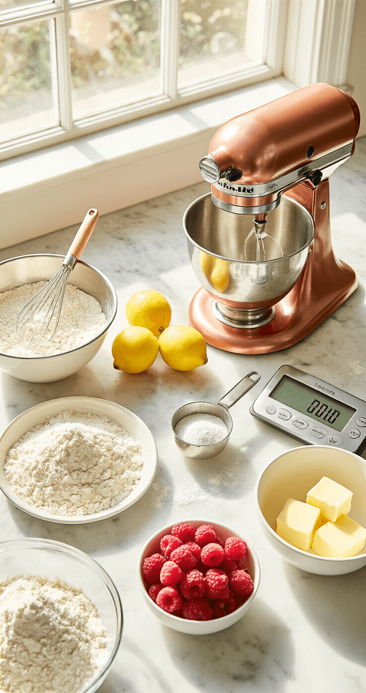 Raspberry Lemon Wedding Cake: A Showstopping Celebration Dessert Cinematic overhead shot of a sunlit professional kitchen workspace featuring a marble countertop with measured ingredients for a wedding cake, including cake flour, fresh lemons, raspberries, and butter, alongside a copper stand mixer and baking tools.