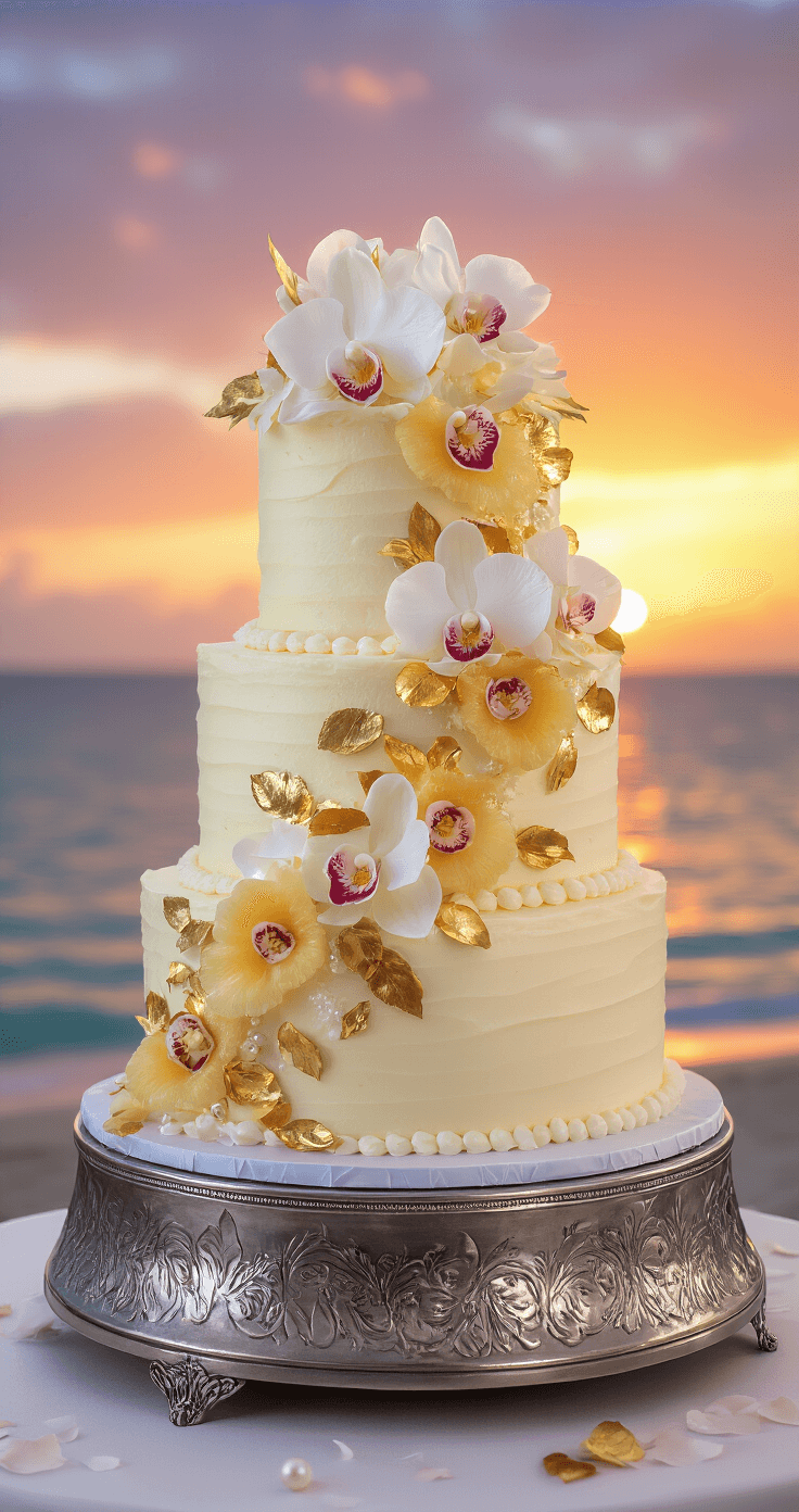 Pineapple Coconut Wedding Cake: A Tropical Celebration of Love An elegant three-tiered wedding cake with pearl-white cream cheese frosting, cascading edible gold leaf accents, fresh orchids, crystallized pineapple flowers, and toasted coconut shavings, displayed on a silver stand against a tropical beach sunset backdrop.