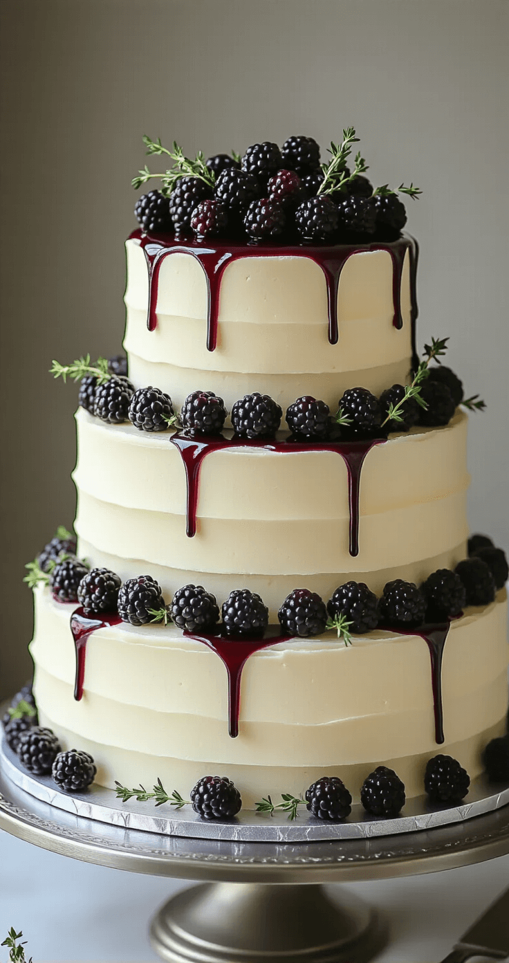 Blackberry Thyme Wedding Cake: A Romantic Culinary Masterpiece Close-up of a three-tiered wedding cake on a silver stand, featuring purple blackberry compote between ivory layers, adorned with thyme and blackberries, in soft studio lighting.