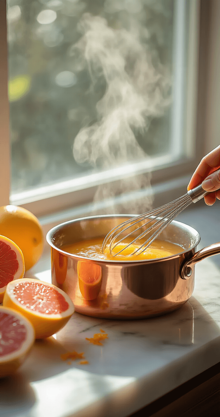 Grapefruit Poppyseed Wedding Cake: A Citrusy Celebration of Love Close-up of a copper saucepan with golden-pink grapefruit curd being whisked, sunlight streaming through a window, with fresh grapefruit halves and zest on a marble countertop.