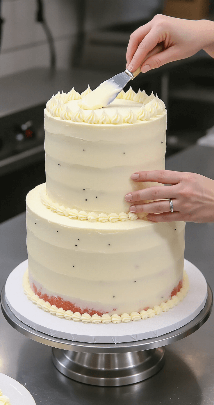 Grapefruit Poppyseed Wedding Cake: A Citrusy Celebration of Love A three-tiered white wedding cake being assembled on a silver stand, featuring cream cheese frosting, pink grapefruit curd between layers, scattered poppyseeds, and crystalline sugar particles, all under soft studio lighting.