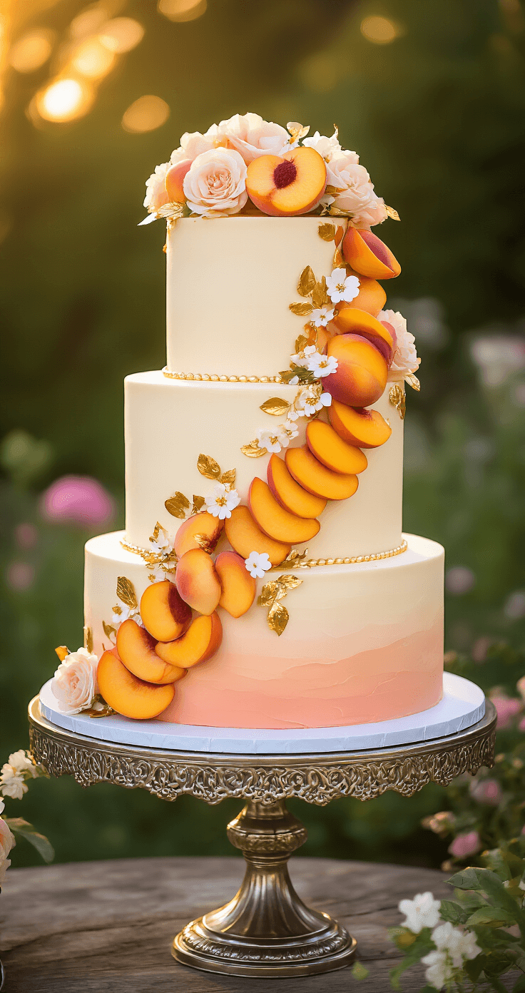 Peach and Cream Wedding Cake: A Dreamy Celebration Dessert Three-tiered peach and cream wedding cake on a silver stand, featuring ombre frosting, fresh peach slices, gold leaf accents, and edible flowers, illuminated by warm golden hour light in a garden setting.