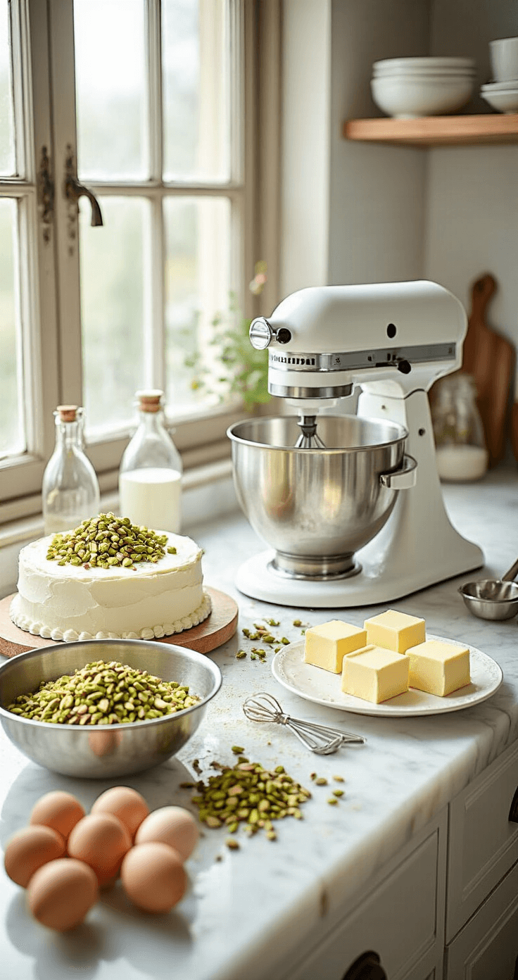 Rosewater Pistachio Wedding Cake: A Luxurious Celebration Masterpiece A sunlit kitchen scene showing the preparation of a rosewater pistachio wedding cake, with ground pistachios in a metal bowl, measured ingredients, and eggs and butter on a marble countertop. A professional stand mixer and rosewater bottles are also present.