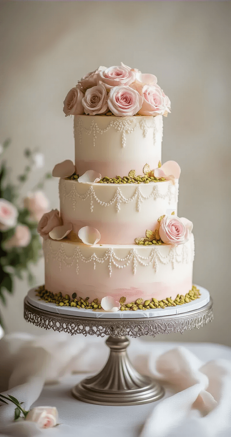 Rosewater Pistachio Wedding Cake: A Luxurious Celebration Masterpiece Three-tiered wedding cake with blush pink rosewater buttercream, ombré effect, garnished with crushed pistachios and edible rose petals, on a silver stand with intricate lace-like piping and gold leaf accents, set against a soft-focused elegant backdrop.